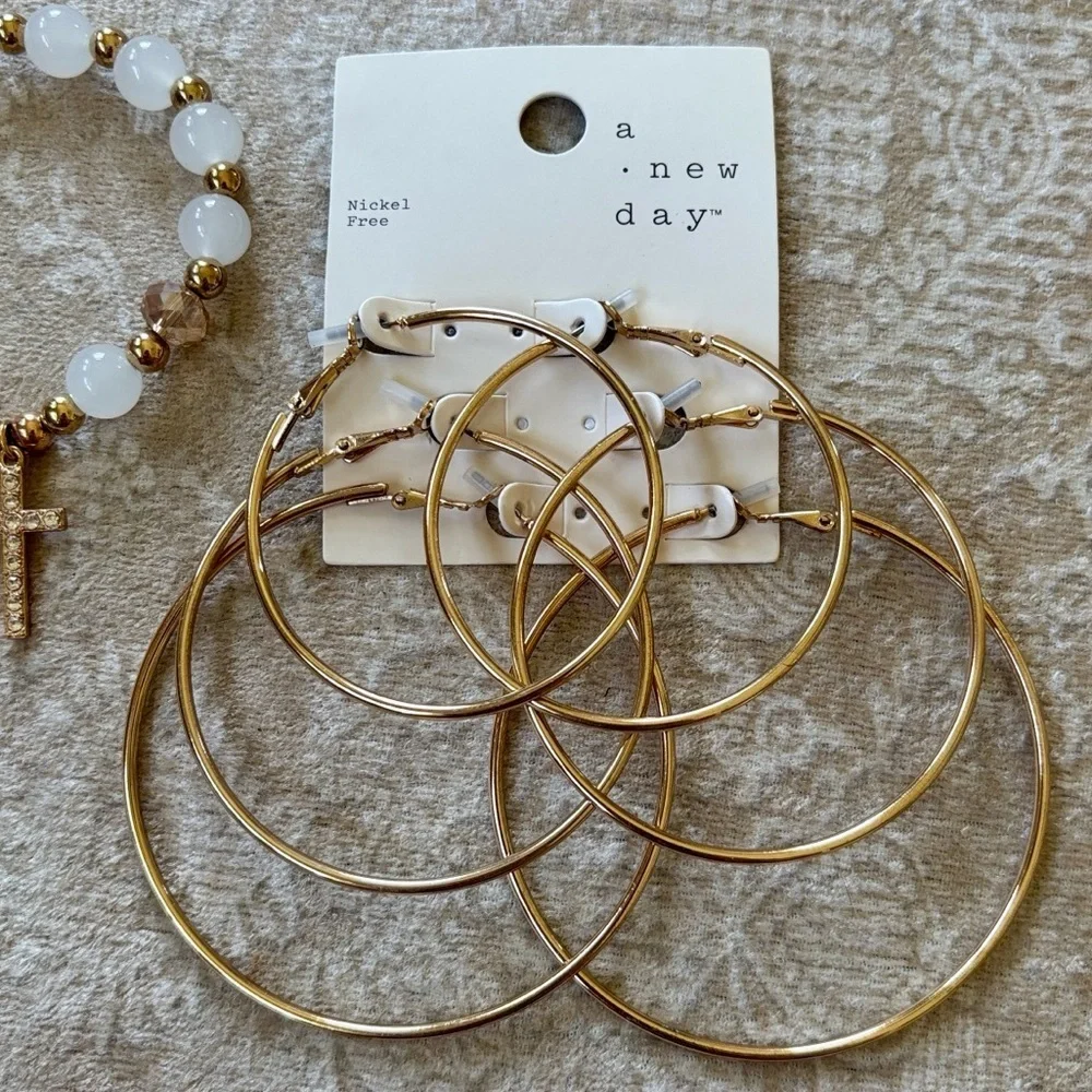 A New Day 3-Pack Gold Tone Hoop Earrings White Beaded Stretch Bracelet w/ Cross - Picture 2 of 11